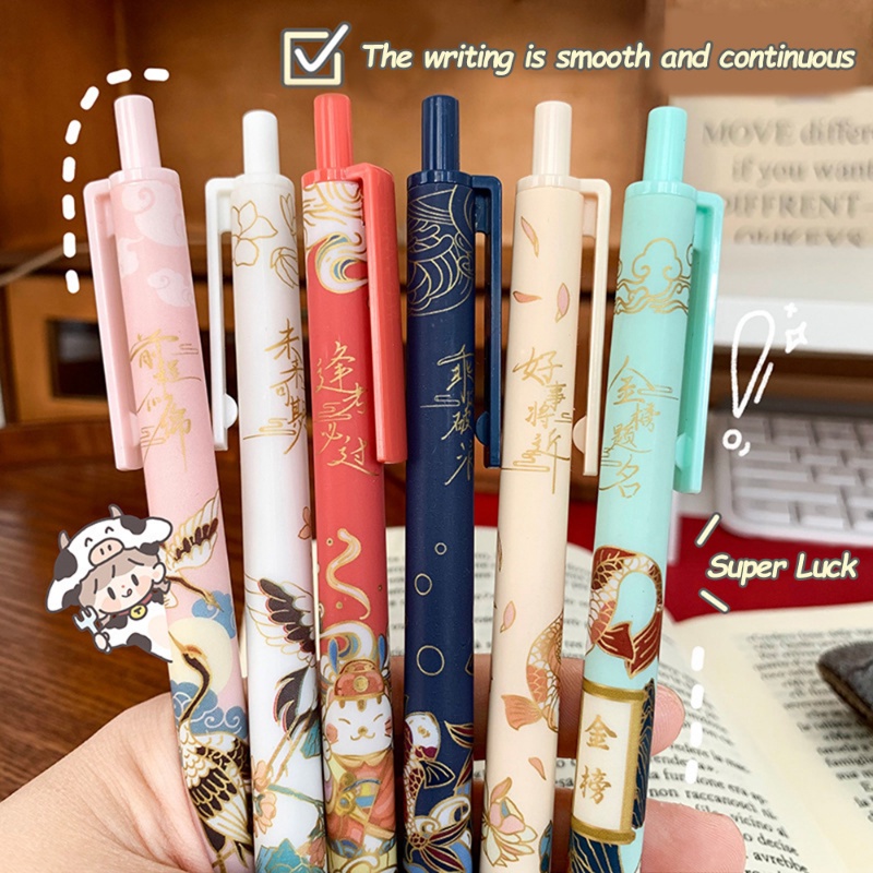 6pcs/set Pena Gel Motif Koi Gaya Cina Tradisional/ Pena Ballpoint Aksi Press Ditarik/ Pena Tanda Tangan Tulisan Halus Alat Tulis Siswa