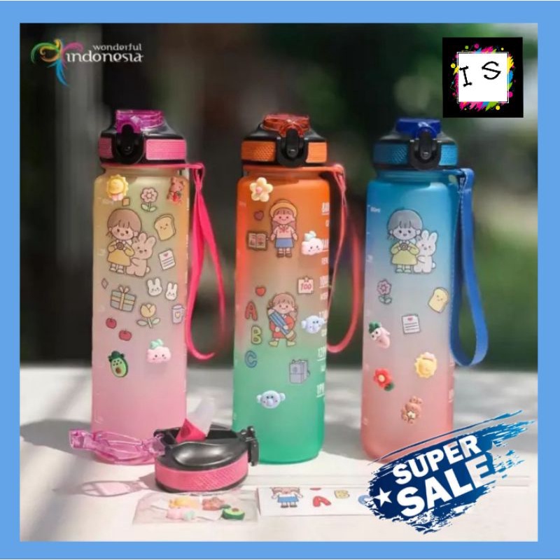 Botol Air Minum VIRAL ORIGINAL 1 LITER Gradasi / Botol Motivasi Free Sticker 3D &amp; 2D + Sedotan Tali / Packing Xtra Aman