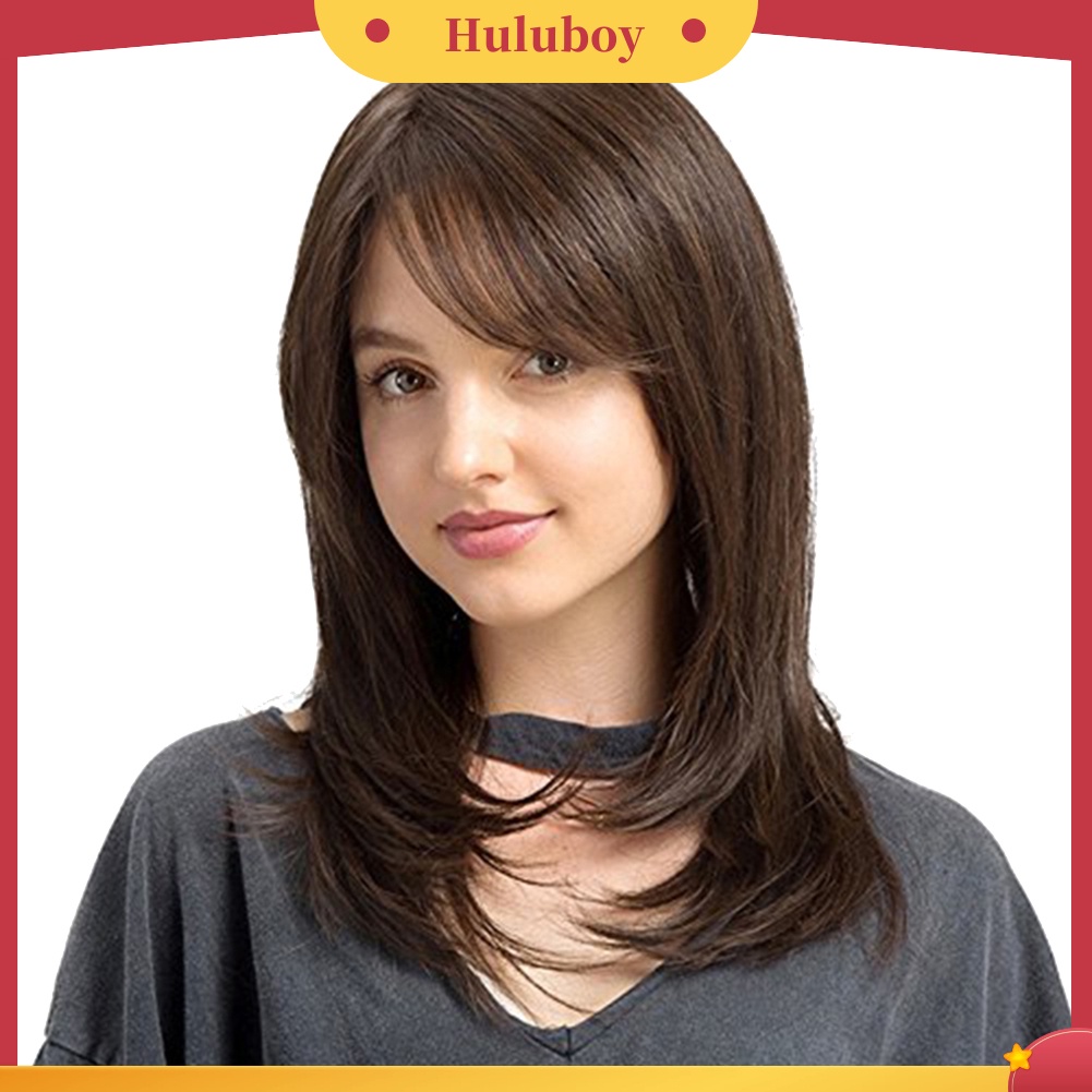 Wig Rambut Panjang Lurus Natural Dengan Poni Samping Untuk Wanita