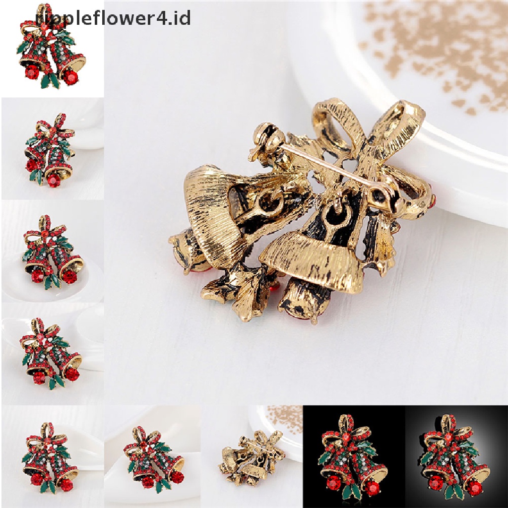 {rippleflower4.id} 1pc Fashion Natal Berlian Imitasi Lucu Natal Bell Bros Pin Xmas Hadiah Pesta~