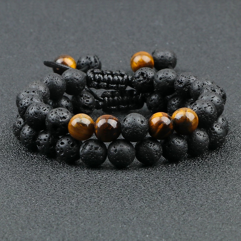 Gelang Manik-Manik Batu Lava Hitam Mahkota Pesona Tiger Eye Gelang Untuk Pria Wanita Braided Bracelets Handmade Adjustable Jewelry Pulseira