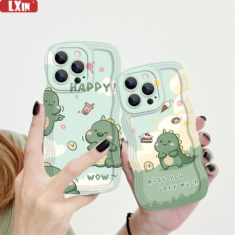 Realme 10 C33 C30 C31 C35 C21Y C25Y C21 Realme C11 C25 C17 C15 C12 C3 C2 Realme 8i 7i 5 5i 6i 7 Pro Kartun Dinosaurus Tepi Gelombang TPU Phone Case Cover