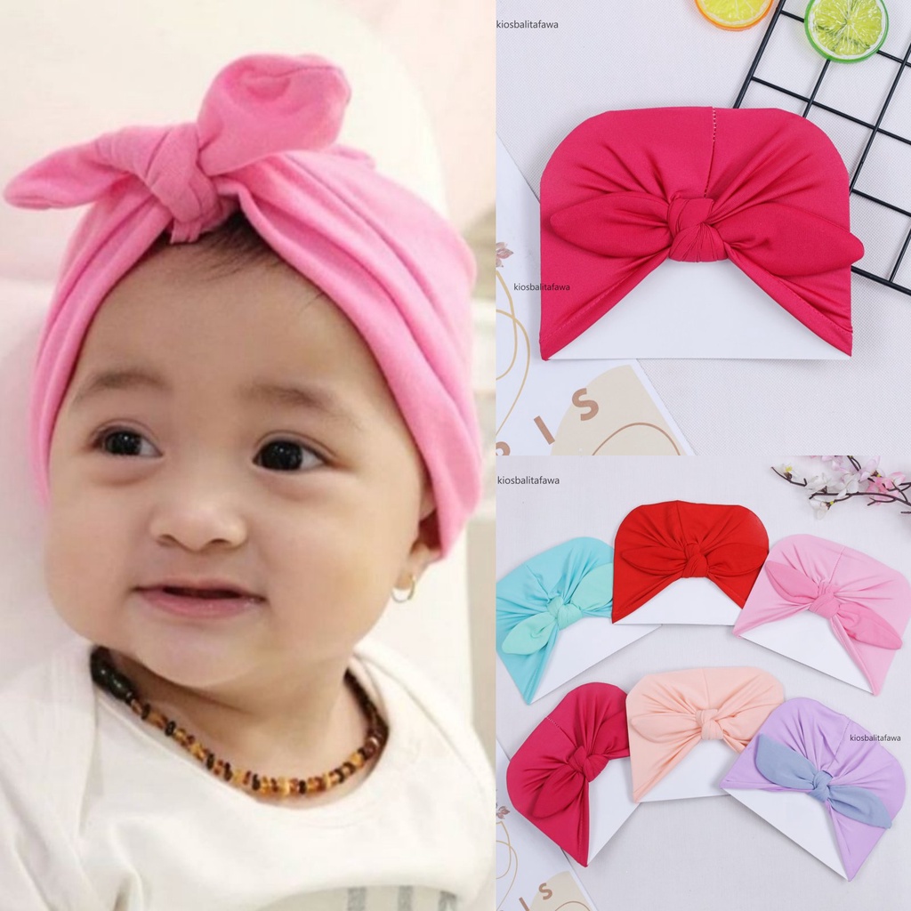 Turban Bayi Anak Perempuan / Ciput Gemoy Baby Polos Pita Anting Pom Pom Topi Headband Hijab Jilbab Murah Babycinnamon