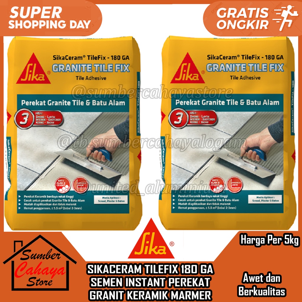 SIKACERAM TILEFIX 180 GA 5KG SEMEN INSTANT PEREKAT GRANIT KERAMIK MARMER SIKA CERAM TILE FIX 5 KG SA