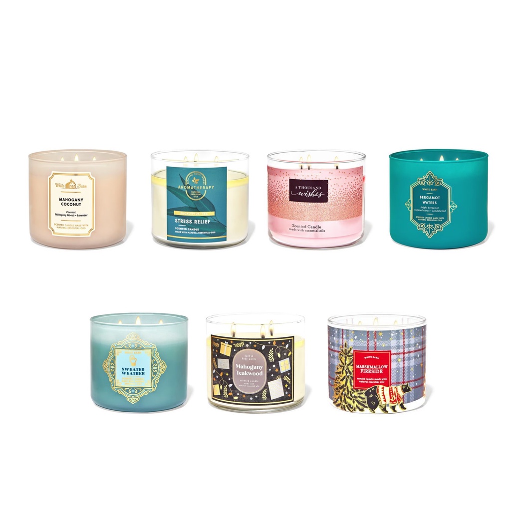 Lilin BBW Bath and Body Works THREE 3 WICK SCENTED CANDLE Lilin Mahogany / A Thousand Wishes / Flanel / Midnight Blue Citrus / Warm Vanilla Sugar / Lilin BBW