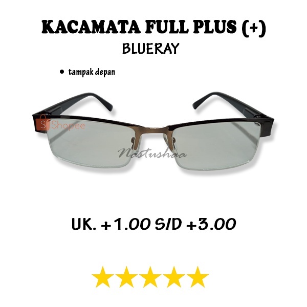 KACAMATA BACA (+) Uk. +1.00 s/d +3.00 Lensa Blueray Transparan Model Semi Rimless Hitam Unisex NOCASE