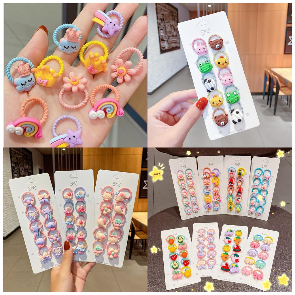 10 Pcs Ikat Rambut Anak Kartun Kepala Hewan Lucu Karet Gelang Aksesoris Rambut Korea / Kunciran Mini Import Isi 10