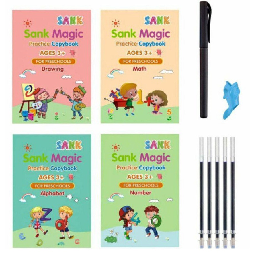 PA Buku Sank Magic Pratice Book 1 Set Isi 4 Buku dan Pulpen Buku Belajar Menulis Huruf dan Angka Anak Paud 3d Pratice Writing Book Mainan Edukasi Anak SS205