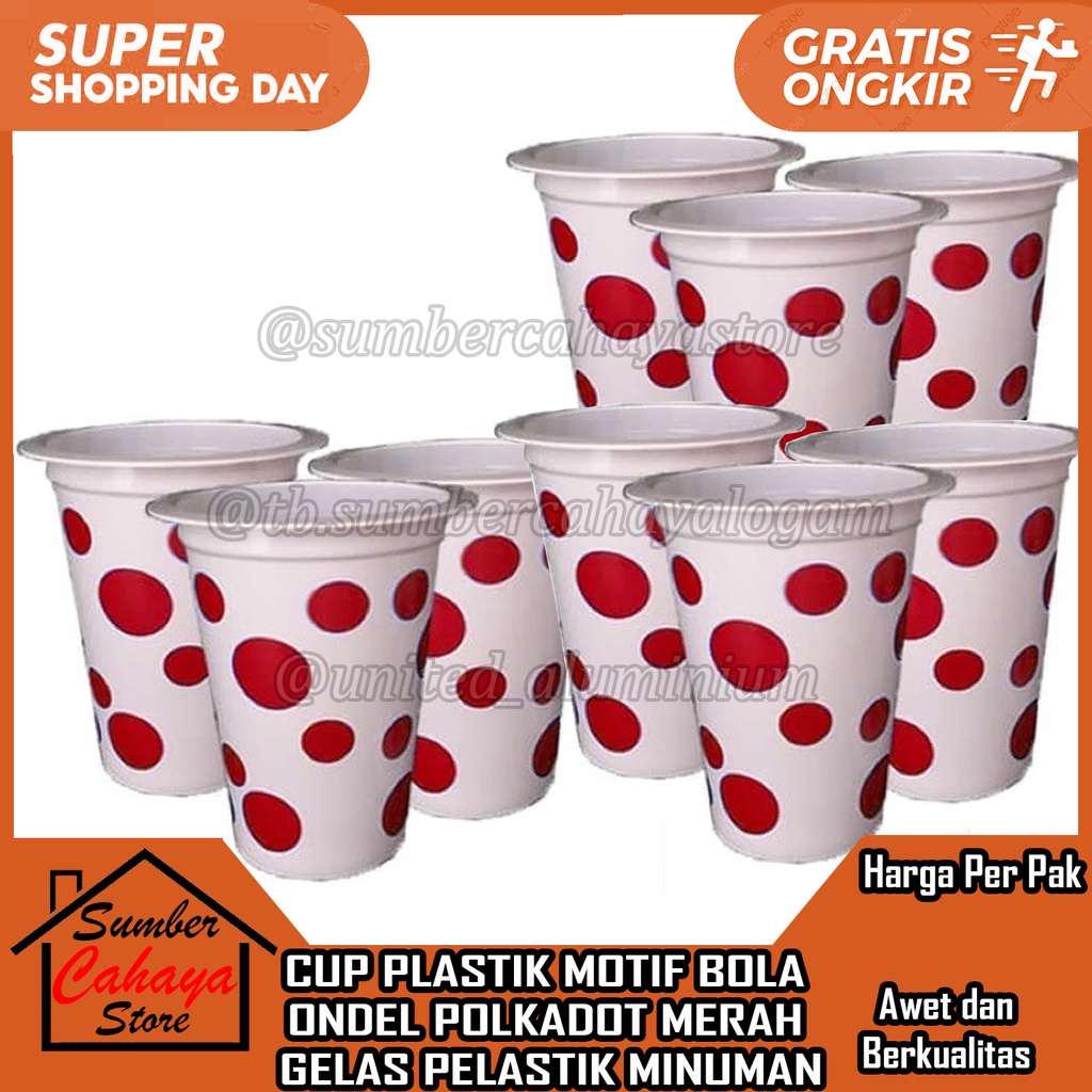 GELAS PLASTIK BOLA CUP PELASTIK MOTIF POLKADOT MOTIP BULAT ISI 50 PCS MERAH ONDE GLAS KOPI MINUMAN C