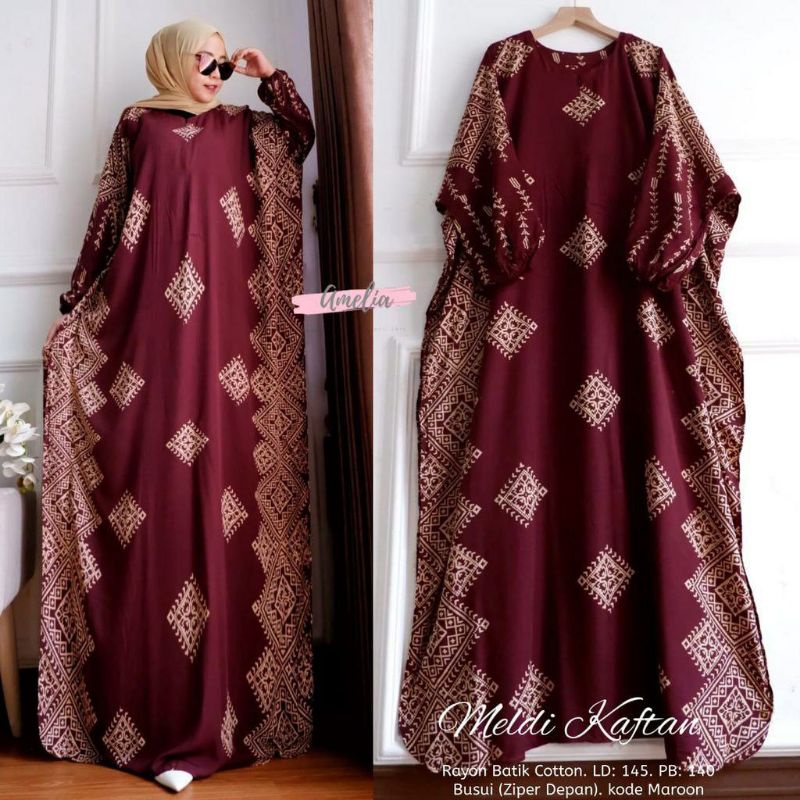 Kaftan Wanita - Daunda Kaftan Size Jumbo XXXXL Motif Daun Lengan Panjang Busui Resleting by Nadira_Fashion / Gamis Rayon Jumbo Kaftan Terbaru-Meldi marun