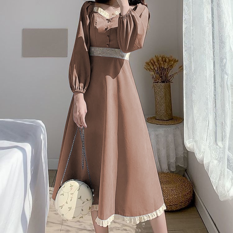 Long Dress Wanita Lengan Panjang Model Retro  A-Line Untuk Musim Semi