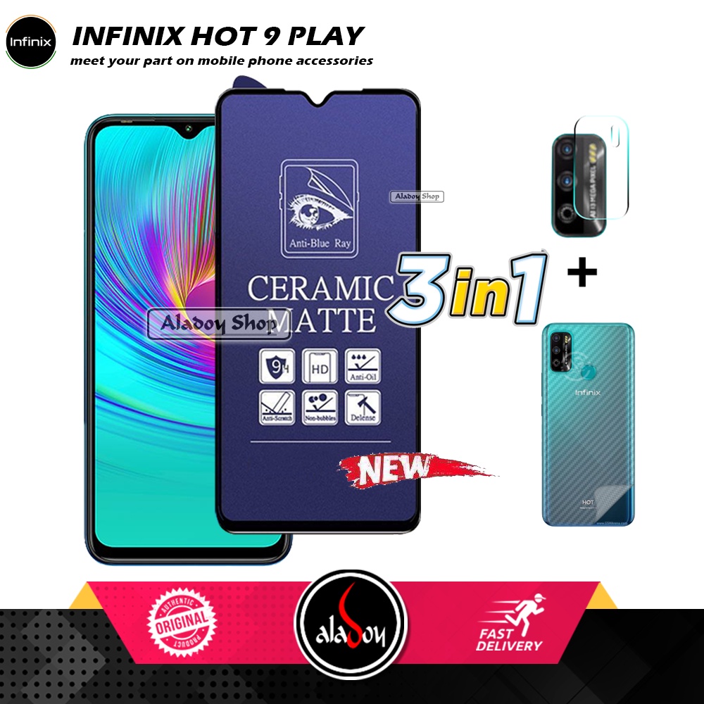 PAKET 3IN1 Anti Gores Blue Matte Anti Glare Infinix Hot 9 Play + Tempered Glass Camera dan Skin Carbon