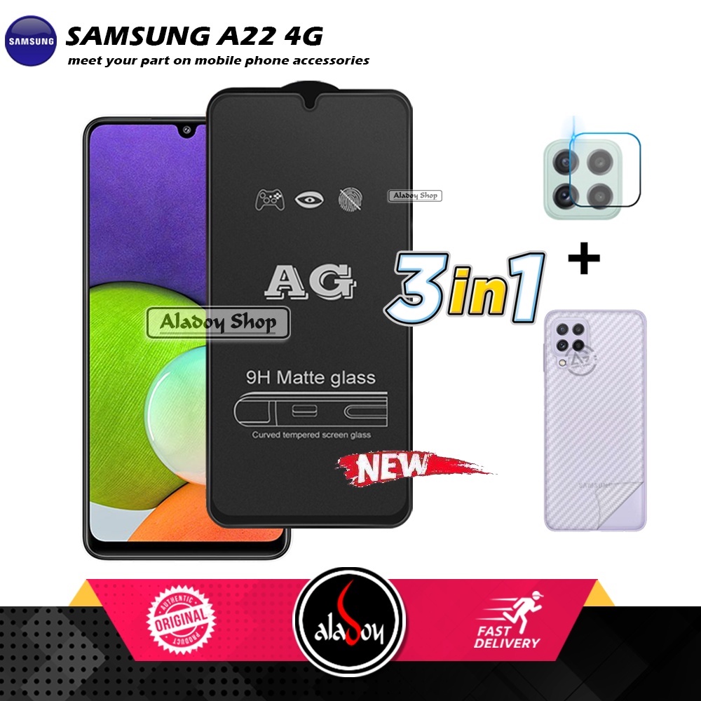 Paket 3IN1 Tempered Glass Layar Matte Anti Glare Samsung A22 4G Free Tempered Glass Camera dan Skin Carbon