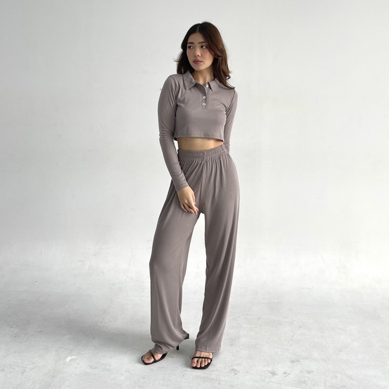 NUO SET | Setelan Wanita Ribbed Knit Set Polo Top Lengan Celana Panjang Highwaist Highwaisted Pants