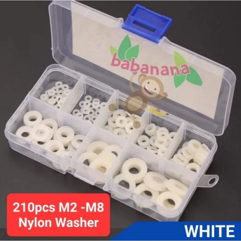 210pcs flat washer nylon ring cincin rata gelang plastik putih kit set