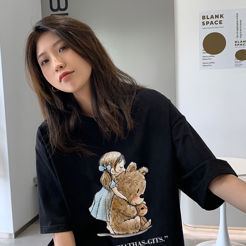 Print T-shirt Kaos Lengan Pendek Cartoon Bear girl Atasan Wanita Oversize Korean Style