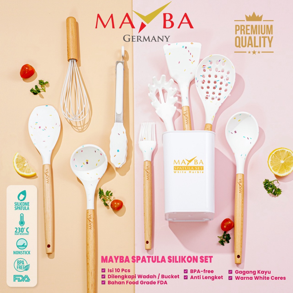 SPATULA SET PUTIH AESTHTETIC MAYBA Sutil silikon 10 pcs white holder sodet silicone Premium Quality silicone FDA APPROVAL