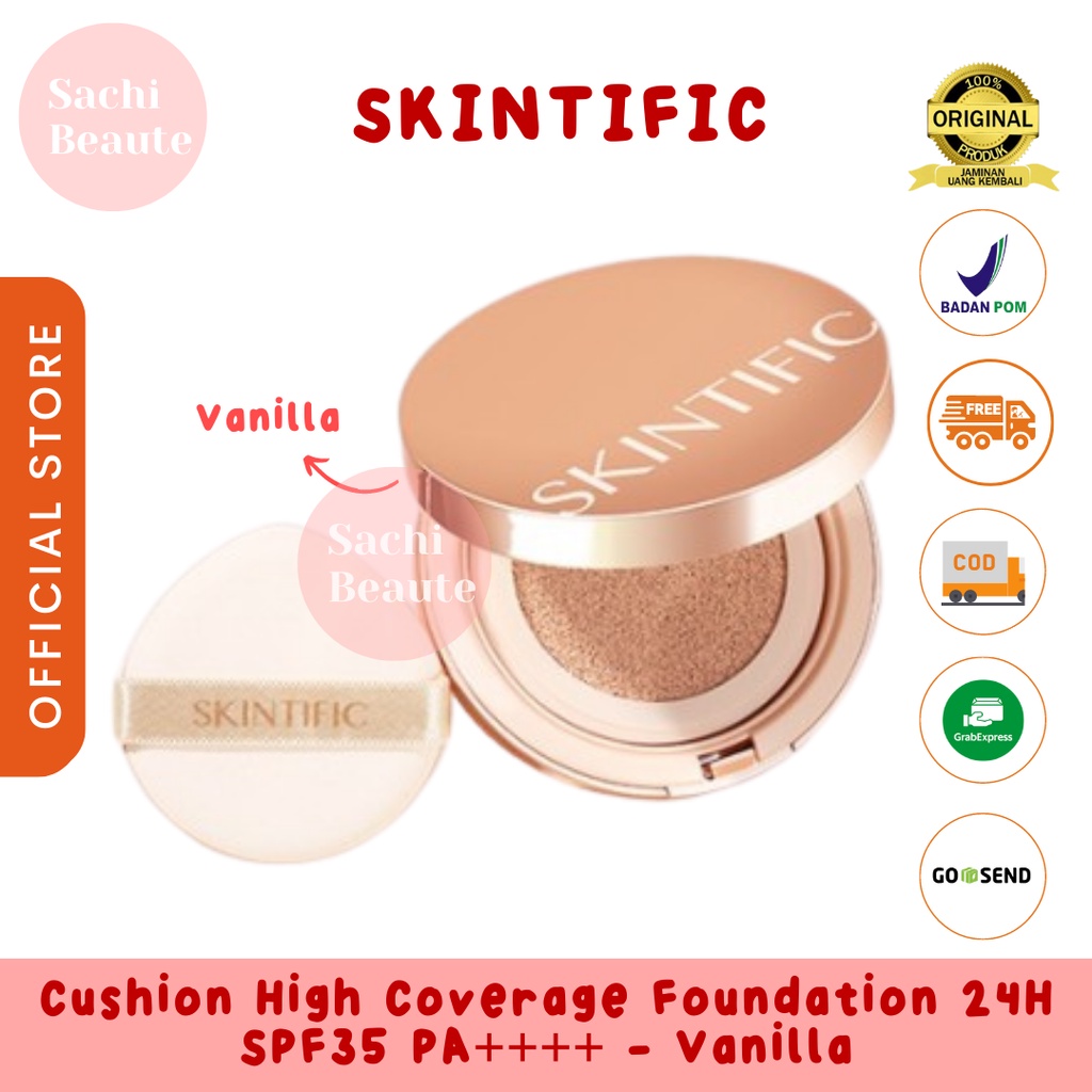 SKINTIFIC Cover All Perfect Air Cushion High Coverage Poreless &amp; Flawless Foundation Hasil Akhir Sempurna - Vanilla