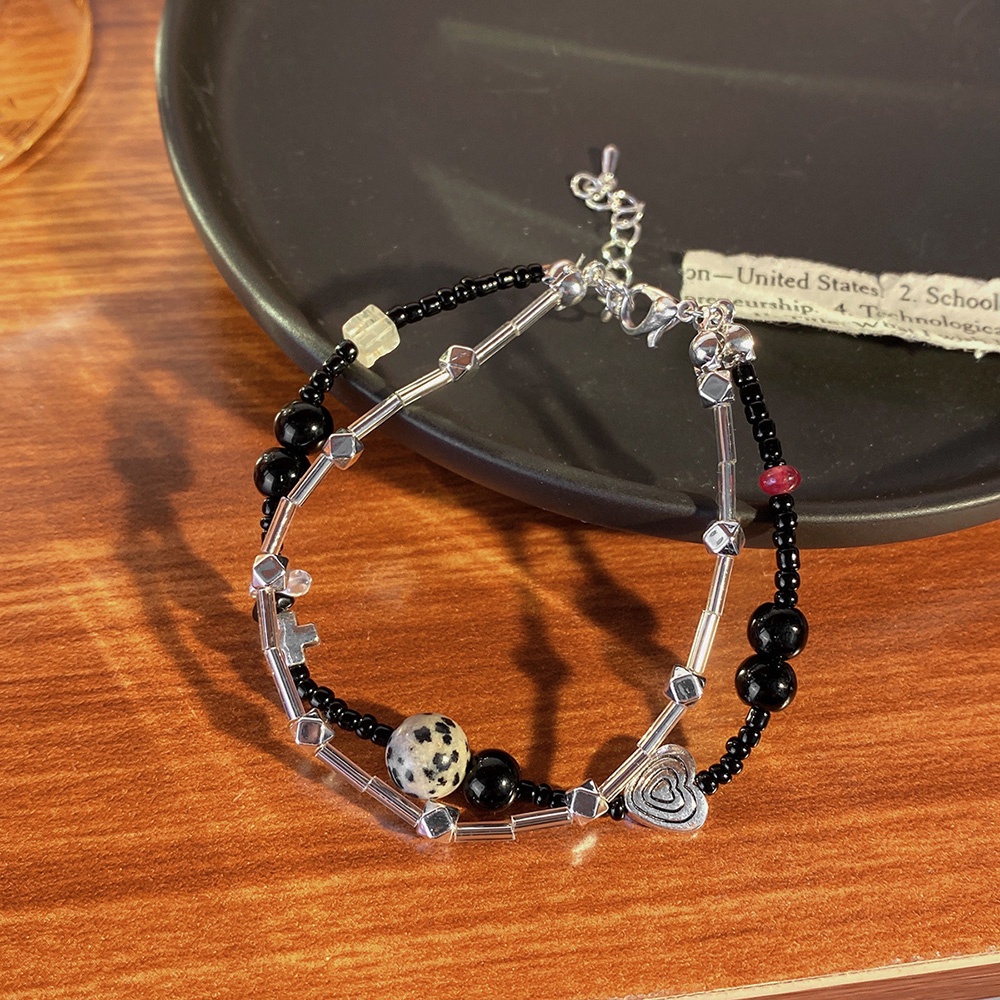 Retro Double Layer Gelang Manik-Manik Hati Untuk Wanita Gadis Ornamen Tangan Batu Keberuntungan