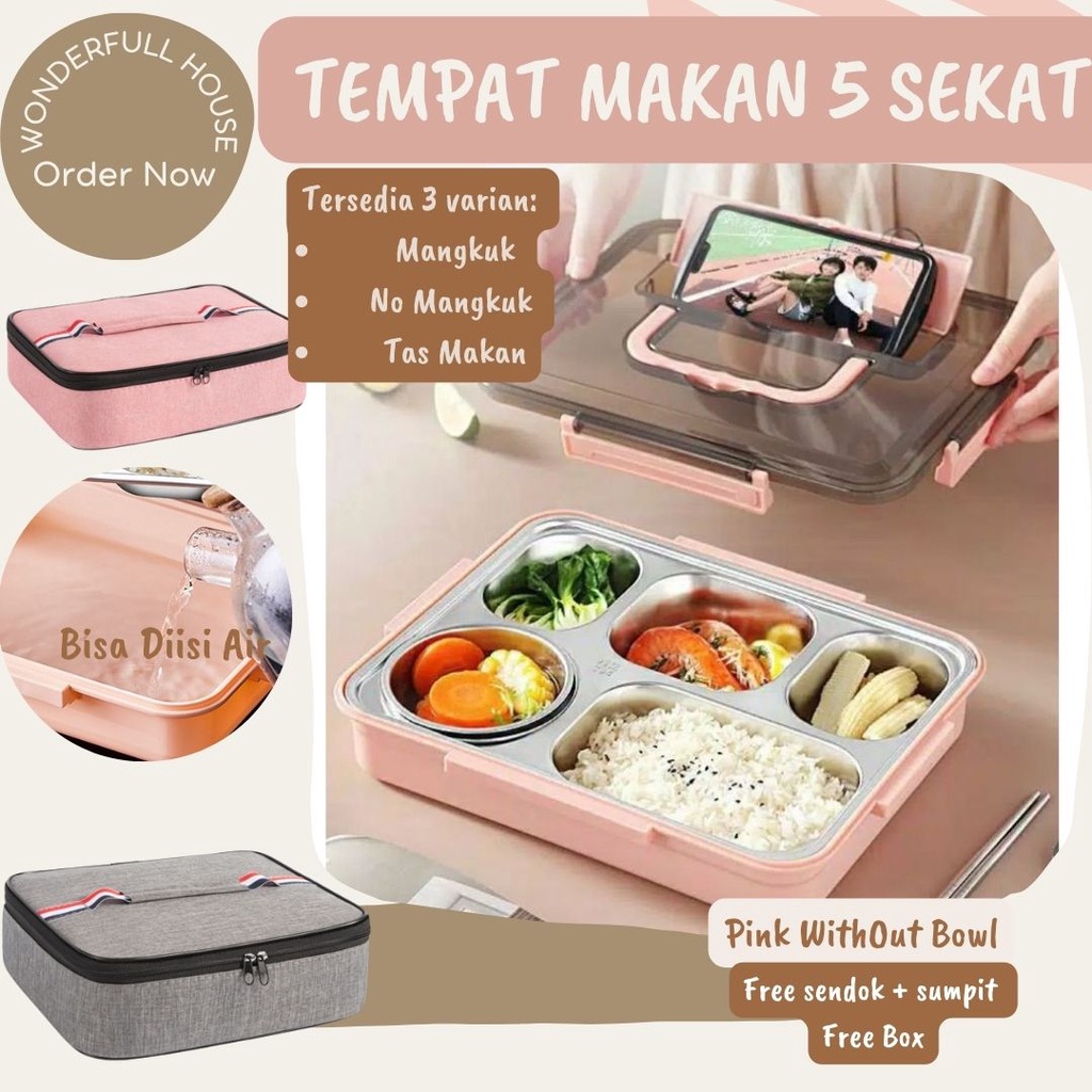 Kotak Makan Lunch Box 5 Sekat  Box Stainless Anti Tumpah Dan Tahan Panas Tempat Makan Sekolah Kantor Tas Bekal Makanan