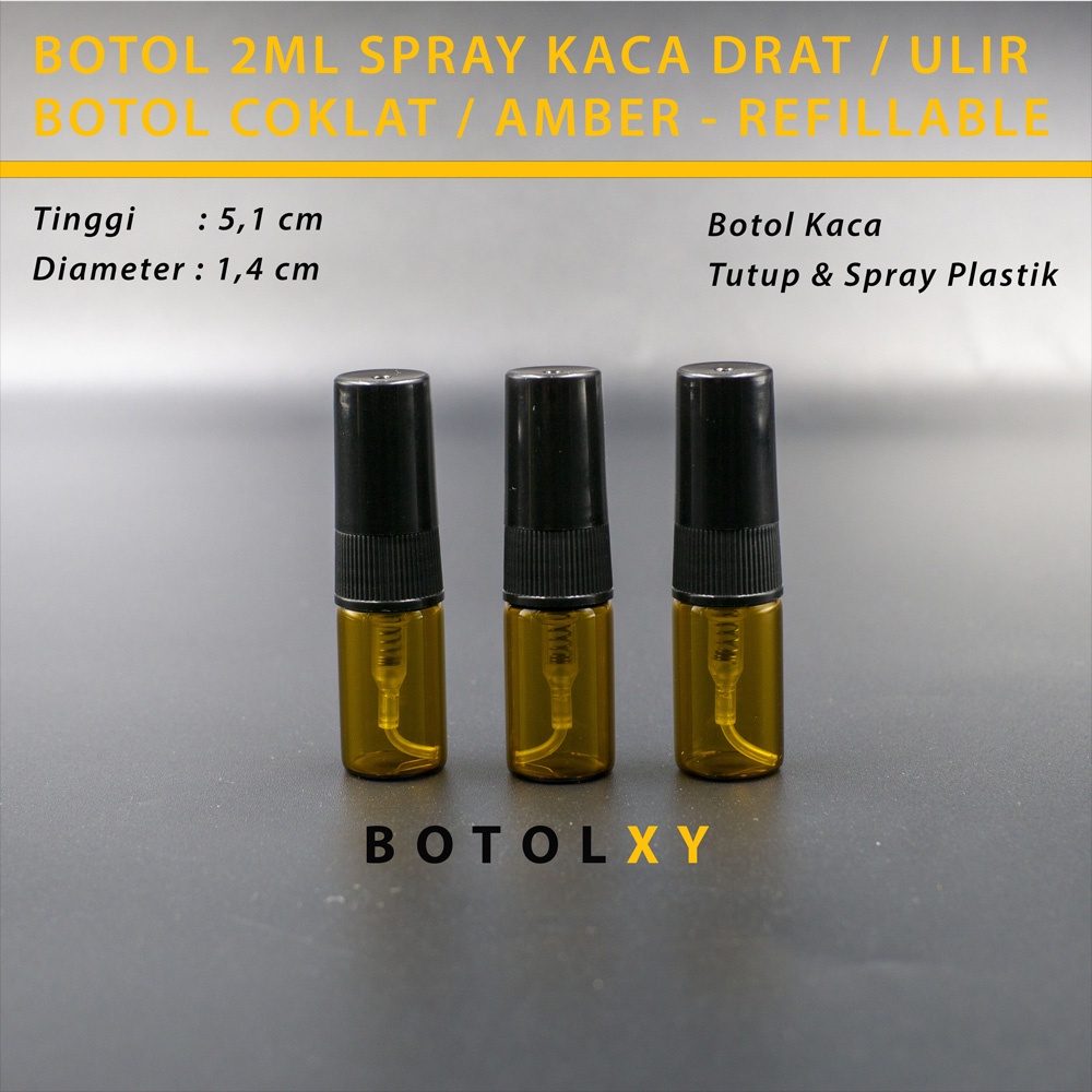 Botol Spray Kaca 2ml Amber / Coklat Parfum Refill Travel Tutup Hitam