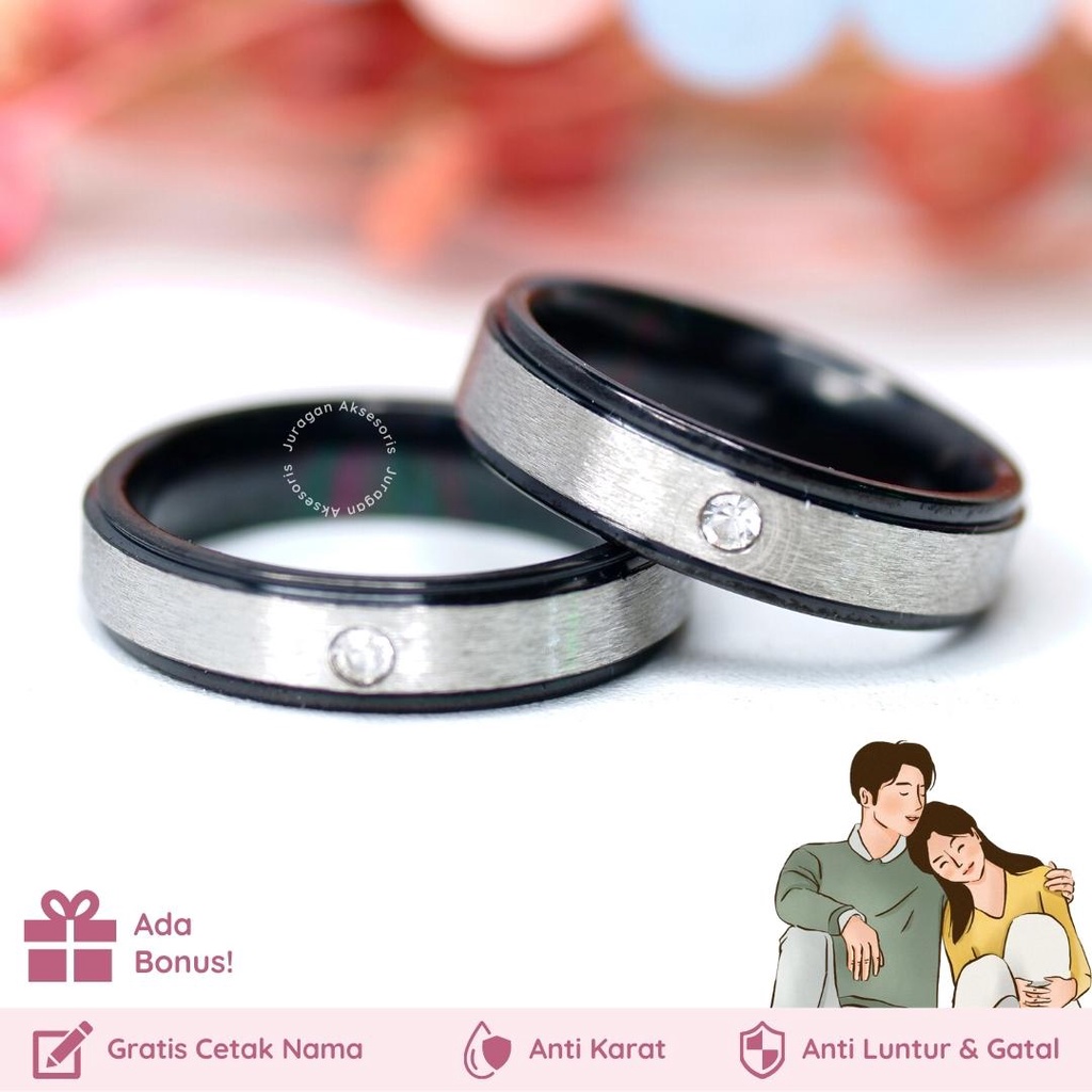 [Gratis Ukir Nama] Cincin Couple Romantis Ailoviu Titanium Anti Karat M119 Hadiah Tunangan Pasangan Pria Wanita Hitam Silver Permata Cubic Zirconia