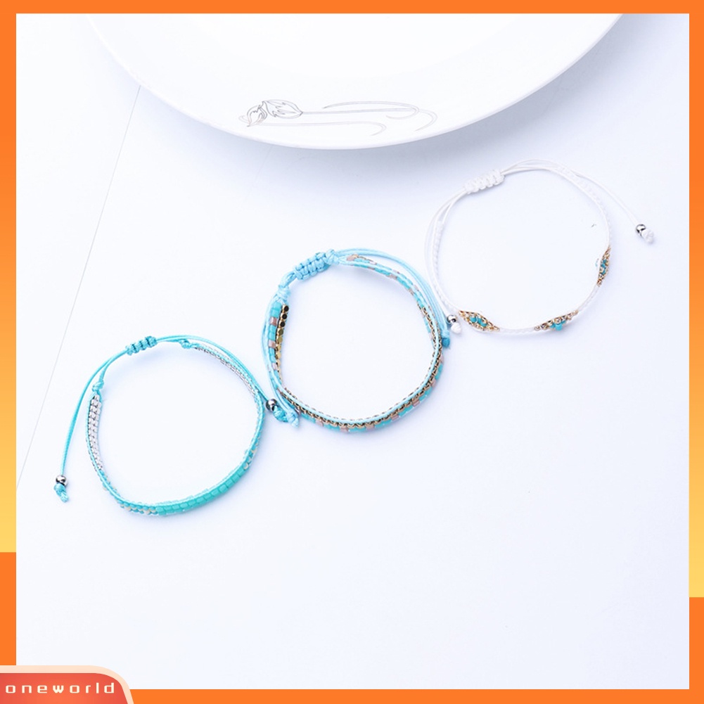 [WONE] 3pcs/set Boho Wanita Cube Manik-Manik Tali Lilin Anyaman Gelang Pantai Perhiasan Hadiah
