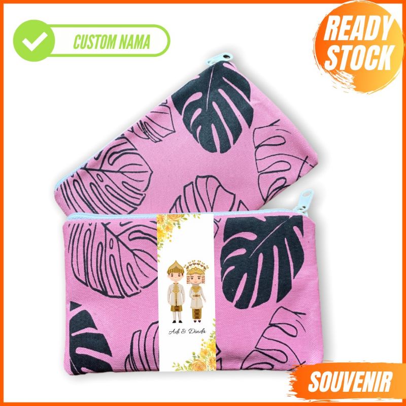 SOUVENIR PERNIKAHAN DOMPET SEMI KANVAS TERBARU KEKINIAN MOTIF MONSTERA PINK PACK THANKS CARD + PLASTIK 14X10