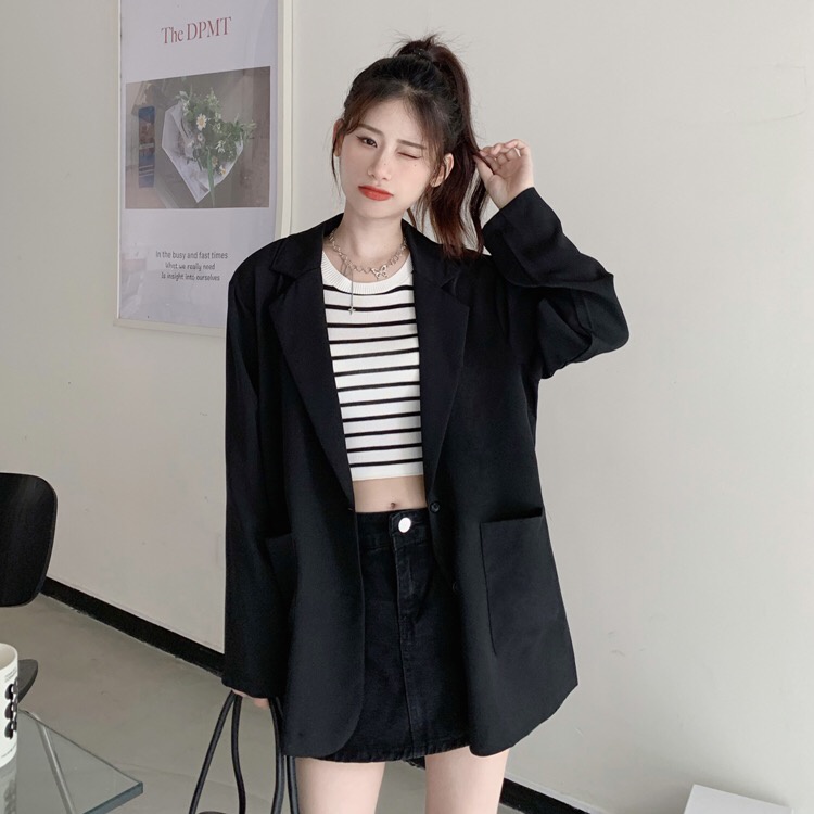 Blazer Wanita Korean Style Jaket Lengan Panjang Outer Basic Import Casual Kekinian Blezer Hitam Retro Jaket