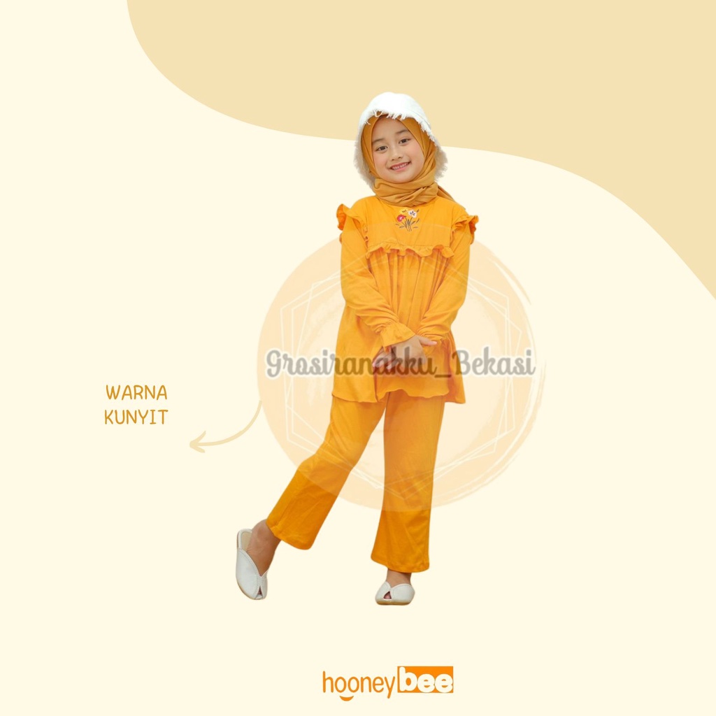 Setelan Anak Cewek Maliqa Hooneybee Warna Kunyit Size 2-10 Tahun