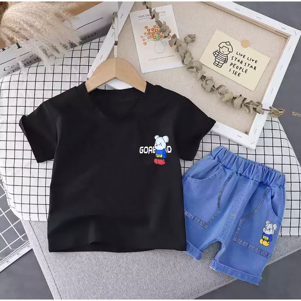 SETELAN ANAK BAJU KAOS CELANA PENDEK BAHAN DENIM UMUR 1-5 TAHUN MOTIAF GOAAR SETELAN ANAK BAJU ATASAN MASA KINI TERMURAH FASHION ANAK TERLARIS