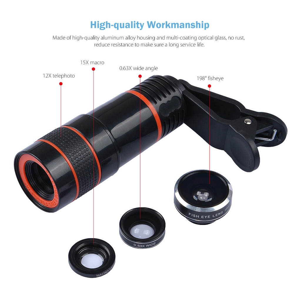 APEXEL 4 in 1 Lensa Fisheye+Macro+Wide+Telephoto+Tripod APL - APL-HS12XDG3ZJ