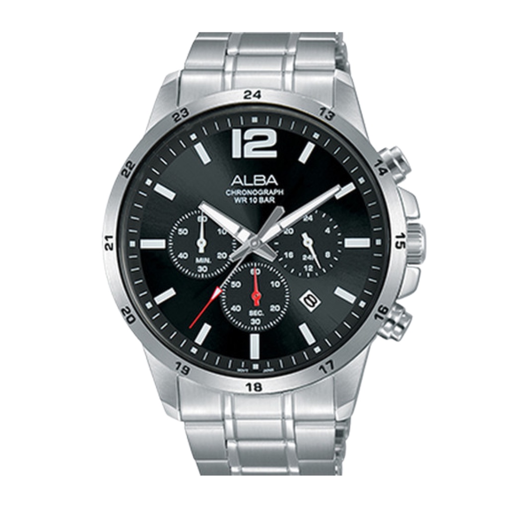 JAM TANGAN PRIA ALBA ACTIVE AT3E81 AT3E81X1 ANALOG CHRONOGRAPH SILVER BLACK STAINLESS STRAP