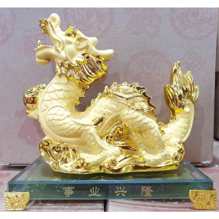 Jual Patung Nuansa Imlek Patung Imlek Naga Liong Rejeki Shio Emas Gold 15 Cm Kaca Resin Doff