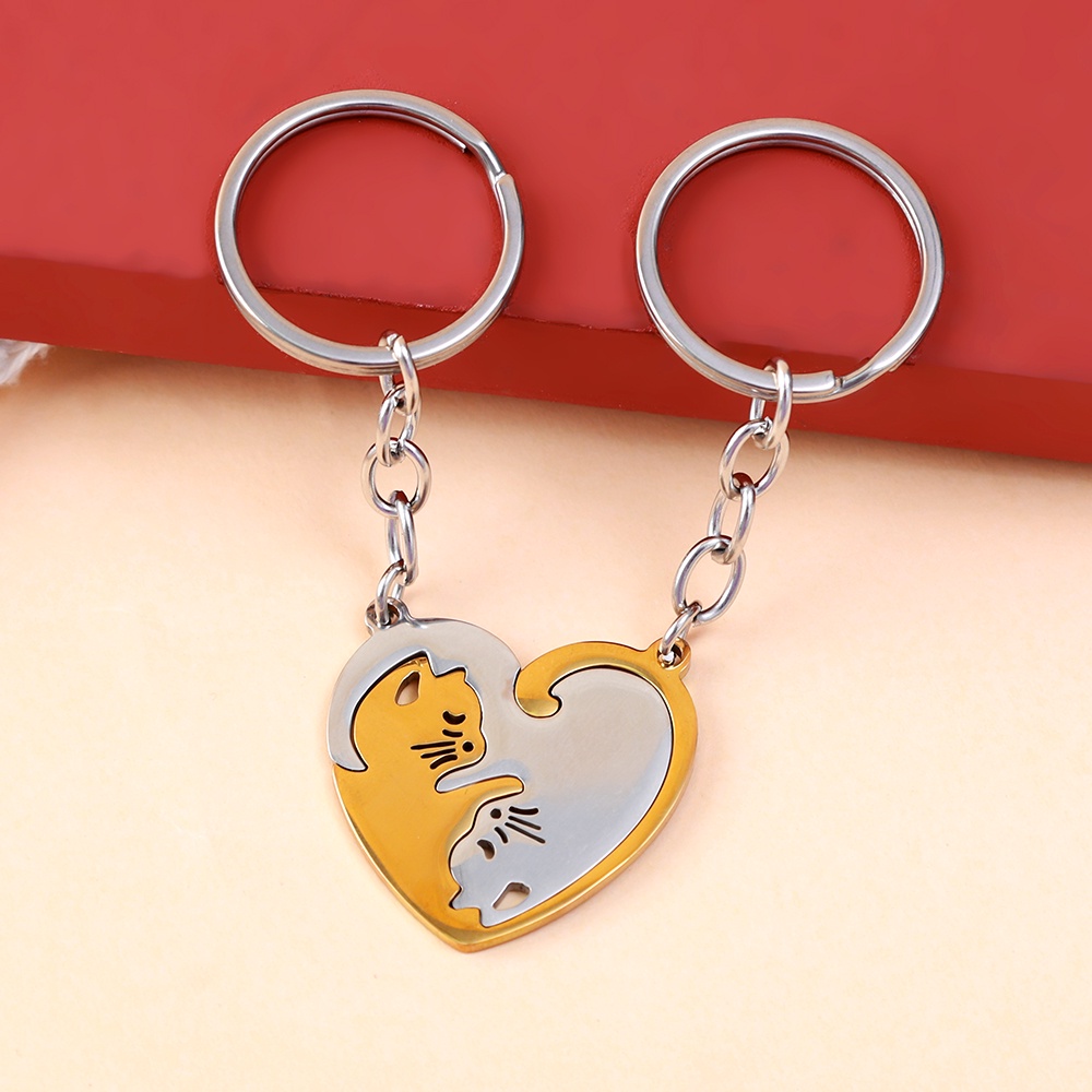 Gantungan Kunci Pasangan Pecinta Hati Bulat Lucu Berbentuk Kucing Keychain Dekorasi Liontin Wanita Gantungan Kunci Aksesoris Pria Stainless Steel Key Ring Untuk Mobil Keyring, Tas Kreatif