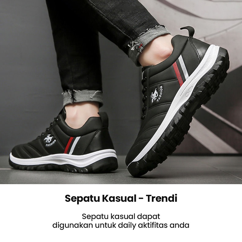 Mainland Sepatu Sneakers Pria Hitam Fashion Sport Bahan PU Daily Shoes Outdoor MC424