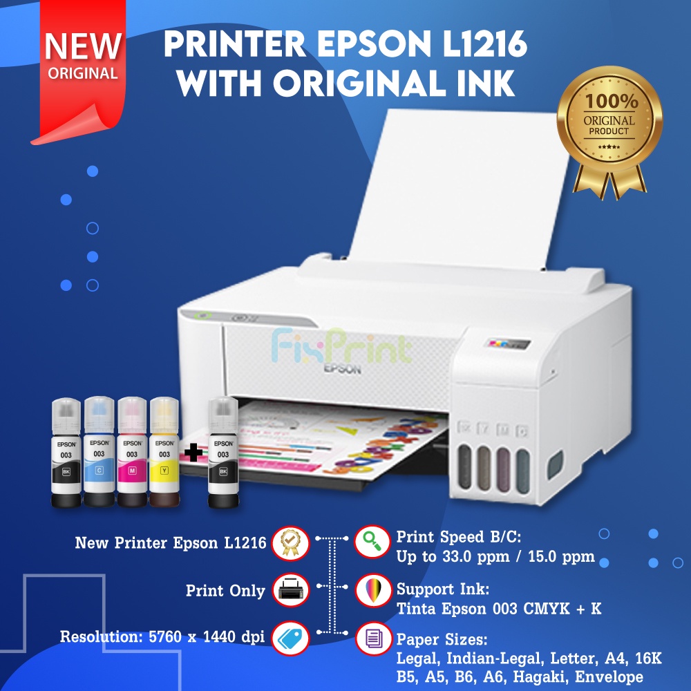 Printer Epson Ecotank L1210 / L1216 / L1250 / L1256 Print A4 LPengganti L1110 With Tinta 003 Black Cyan Magenta Yellow Photo Printer Optional WiFi Wireless