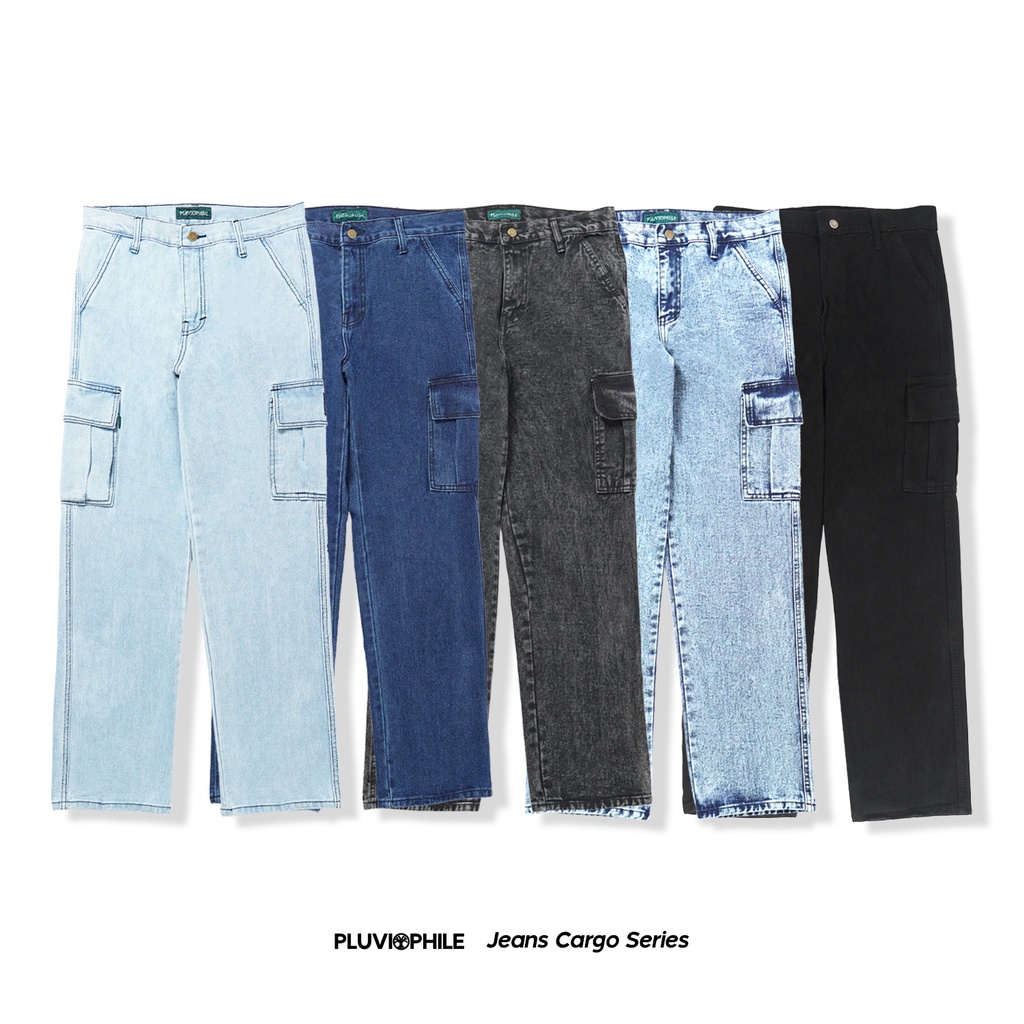 Pluviophile - Long Cargo pants jeans Celana cargo jeans loose fit  Reguler Standard washed