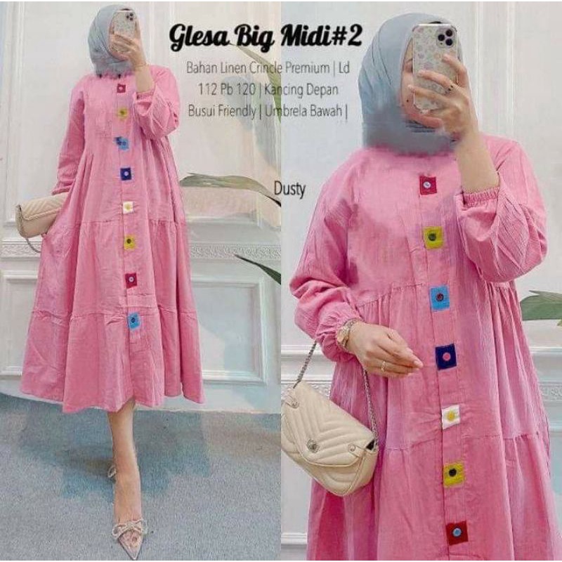 Glesa Midi Dress Wanita Kekinian Polos Lengan Panjang Busui Terbaru Bahan Rayon Premium