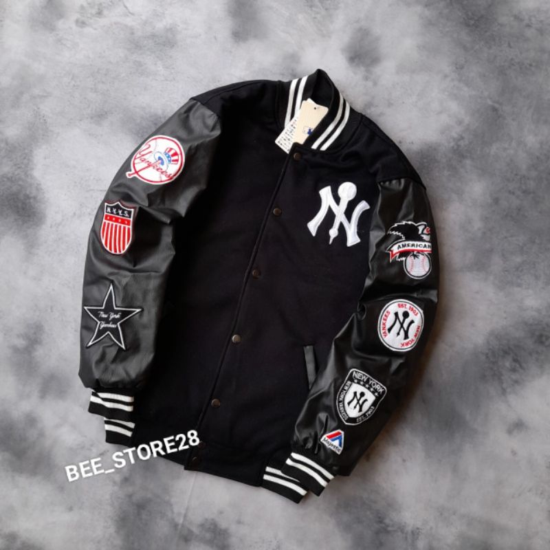 JACKET VARSITY NY MLB HITAM FULL BLACK LOGO PACT BORDIR PREMIUM FULLTAG &amp; LEBEL