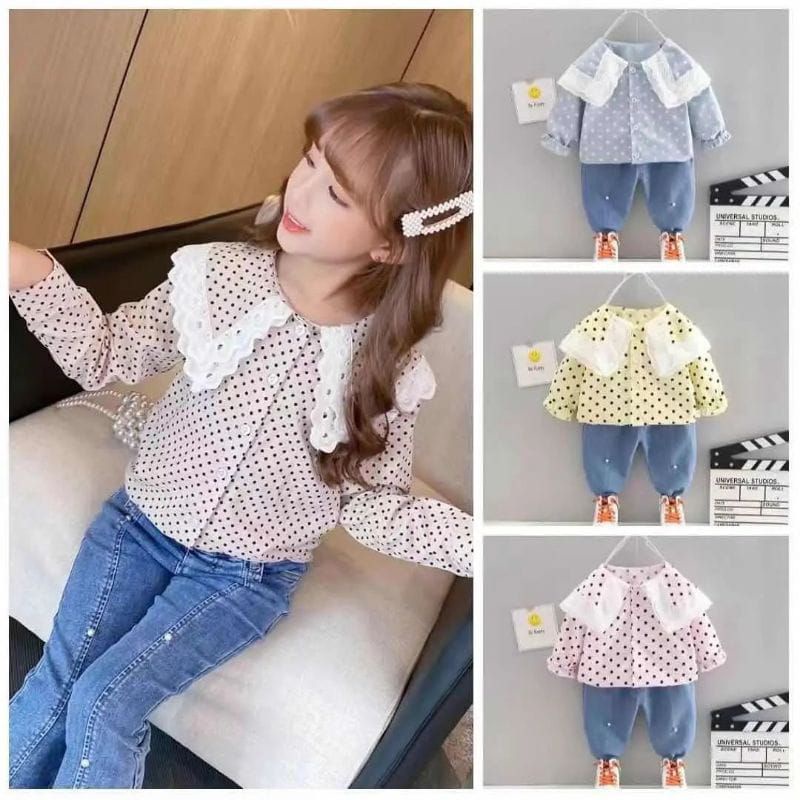 [1-5T] SETELAN BLOUSE KEMEJA CELANA JEANS ANAK PEREMPUAN IMPORT 1-5 TAHUN LENGAN PANJANG BLOUSE REMPEL POLKADOT / SETELAN ANAK CEWEK IMPORT CELANA JEANS PANJANG BLOUSE POLKADOT