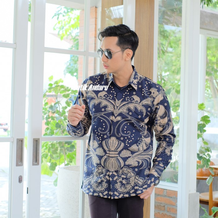 Kemeja Batik Pria Lengan Panjang Modern Kualitas Premium Heem Elegant Bahan Katun Primisima Solo Warna Biru Navy