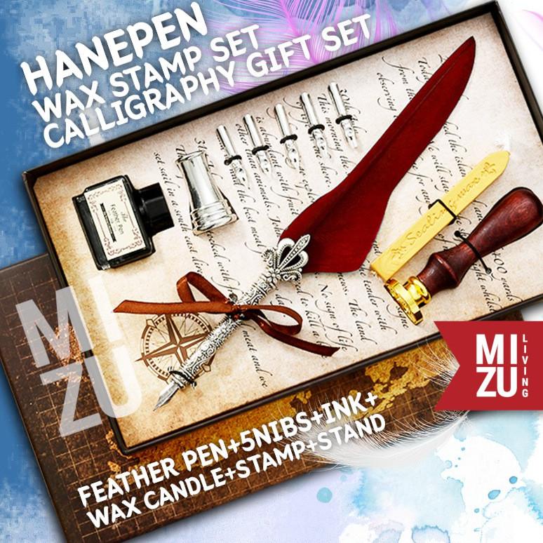 

MIZU HANEPEN WAX SEAL CALLIGRAPHY SET FEATHER QUILL DIP PEN BULU 6 NIBS INK TINTA LILIN STEMPEL TERLARISS...,,,,,