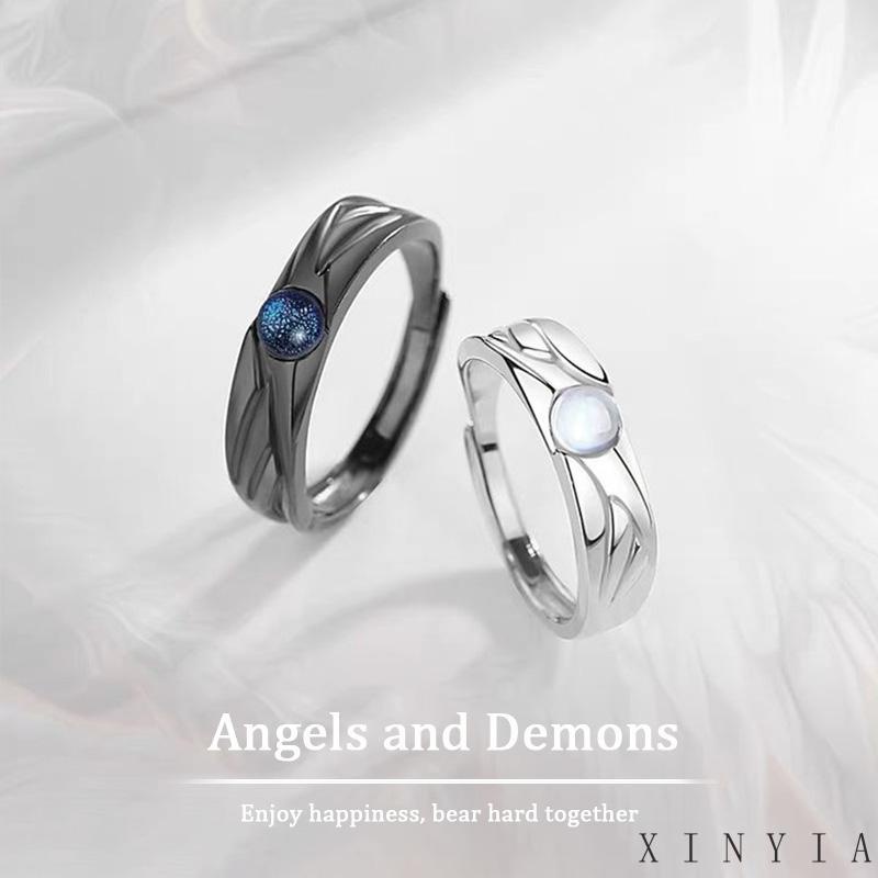 【Bayar di tempat】Cincin Metal Cincin Hitam Putih Moon Shaped Sintetis Moonstone Cincin Fashion Pasangan Yang Dapat Disesuaikan