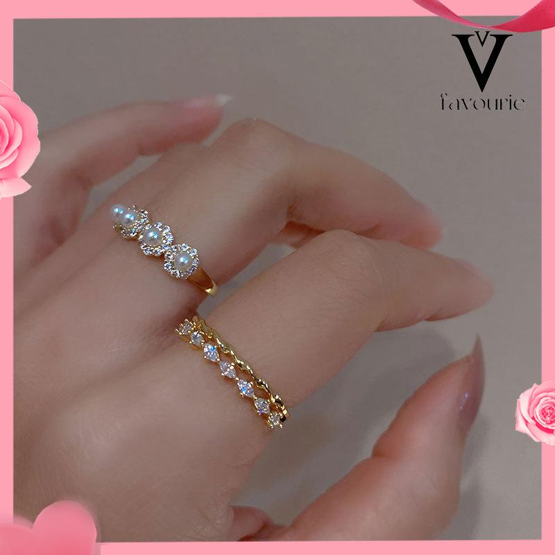 CODDouble-layer Retro Pearl Diamond Ring Niche Light Desain Mewah Cincin Dapat Disesuaikan Terbuka-FA