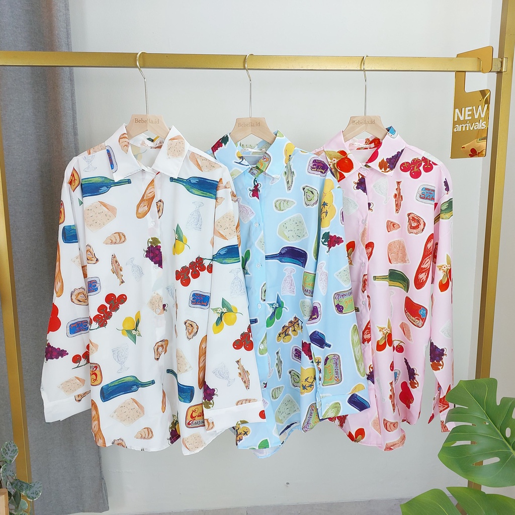 KEMEJA NOK BANGKOK OVERSIZED MOTIF PICNIC FOOD FASHION WANITA IMPORT BANGKOK