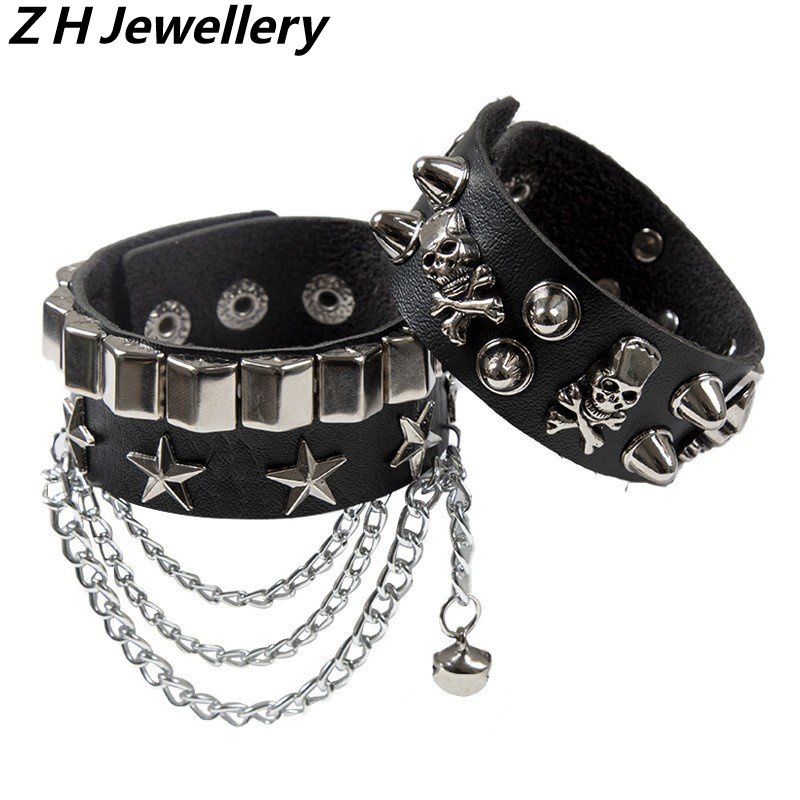 [Z H Jewelry] Hip Hop Rock Pria Fashion Motor Stainless Steel Multilayer Kulit Tengkorak Gelang/Aksesoris Perhiasan Pesta