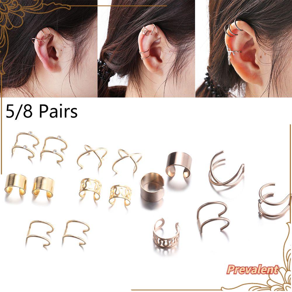 Preva 5per8pasang Anting Wanita Pria Perhiasan Stainless Steel Tanpa Tindik Ear Cuff