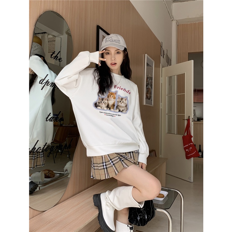 EUNII Sweater Lengan Panjang Three Cute Cat Korean Style/Hoodie Oversize/Baju Wanita/Switer Wanita