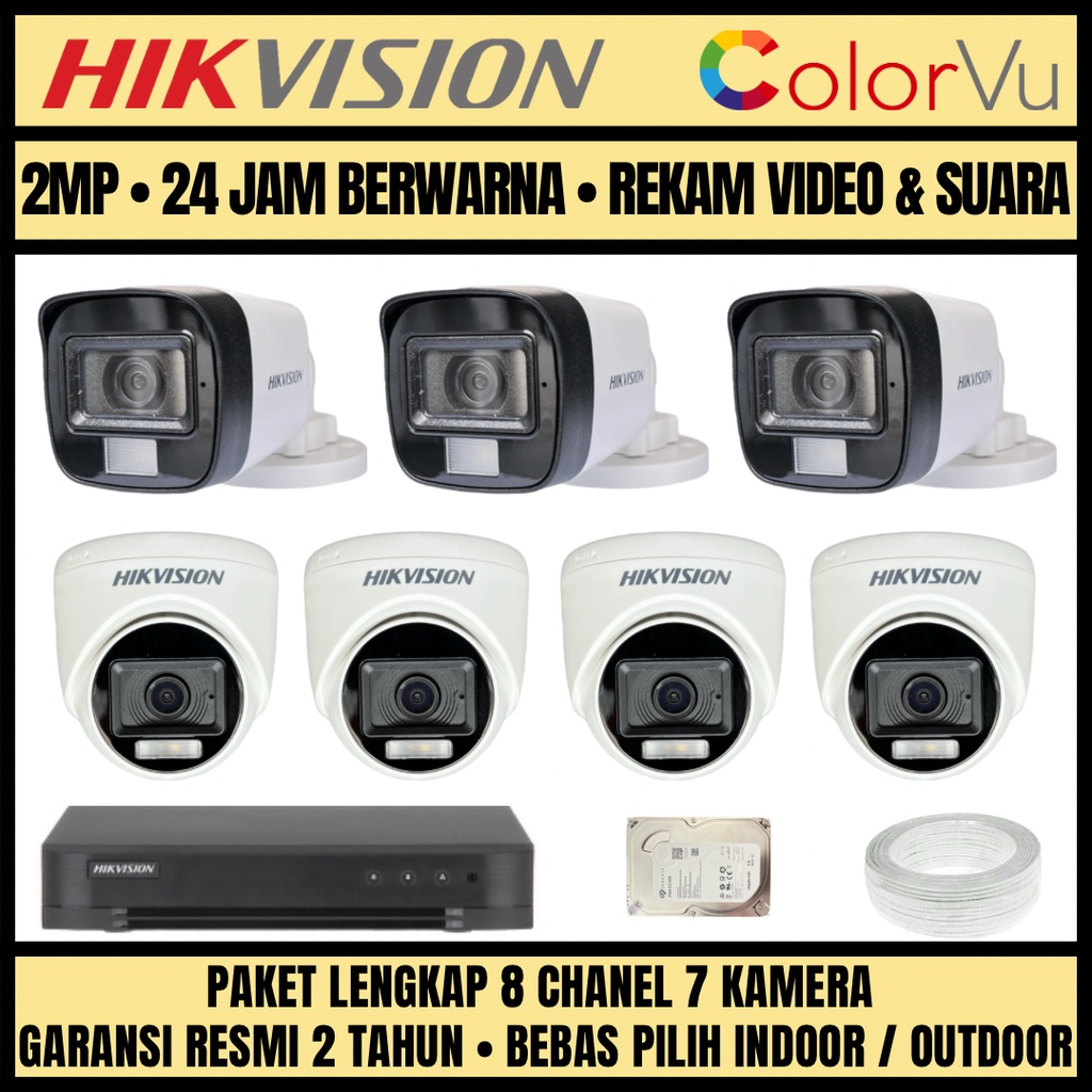 PAKET CCTV HIKVISION COLORVU 2MP 8 CHANNEL 7 CAMERA KAMERA CCTV COLORFUL